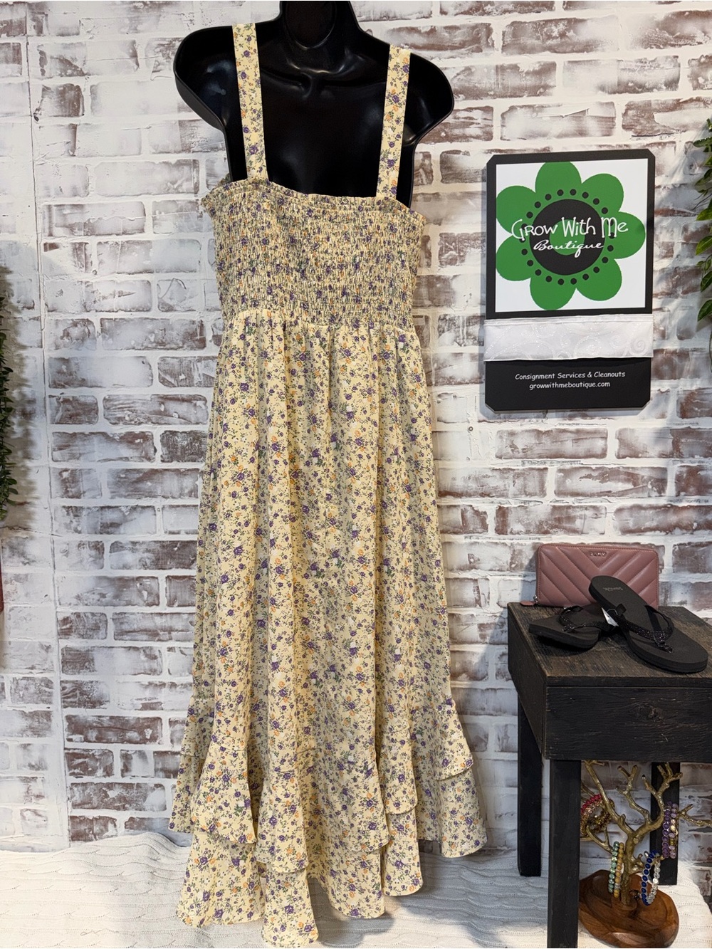 Grace Karin Cream Floral Smocked Dress large - Picture 6 of 7